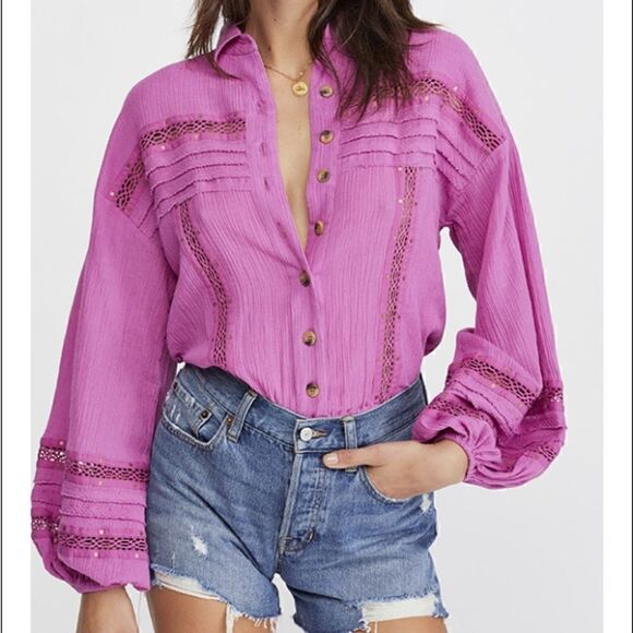 NWT MSRP $128 Free People Summer Stars Button Down Shirt Women's Size Small - Picture 2 of 8